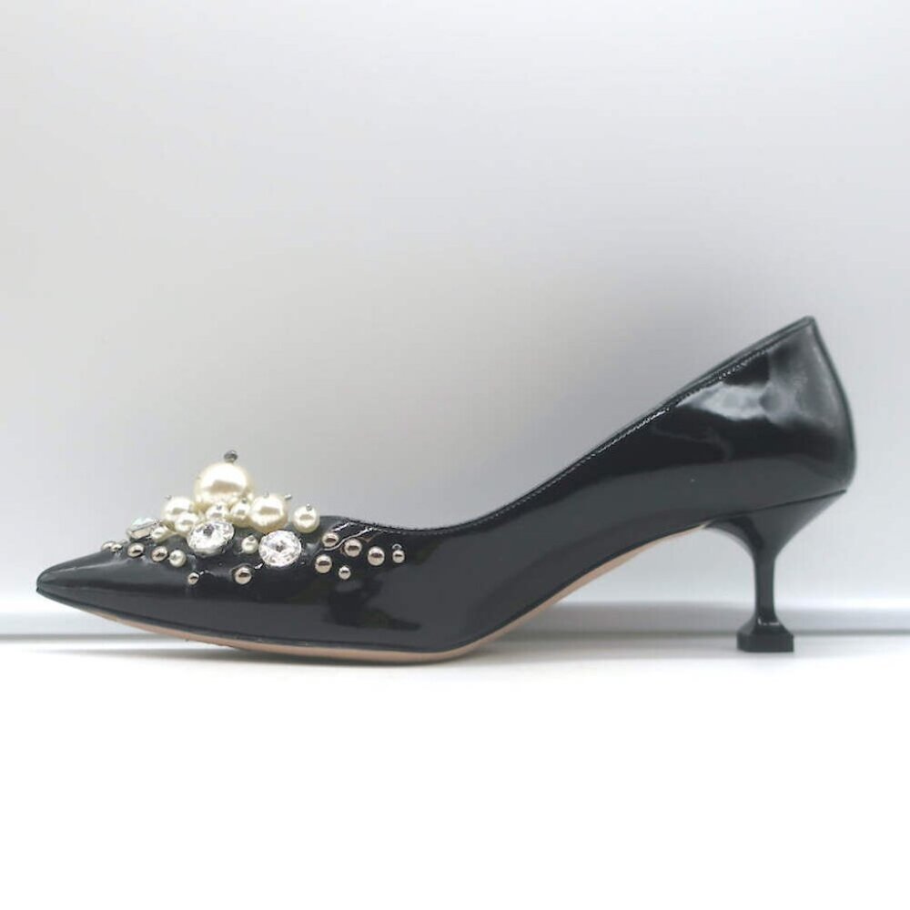 Miu Miu Pearl & Crystal-Embellished Low-Heel Pumps Black Patent Leather Size 38 - Picture 8 of 13